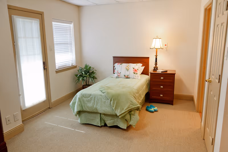 Bright single-occupancy bedroom with a twin bed dressed in green bedding, a wooden nightstand and lamp, a potted plant, window and door.