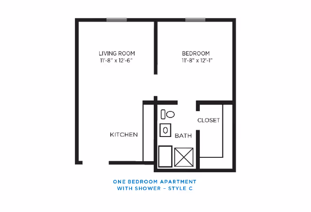 Floor plan of a one bedroom apartment with a living room, bedroom, kitchen, bathroom with shower, and closet. The living room measures 11 feet 8 inches by 12 feet 6 inches, and the bedroom measures 11 feet 8 inches by 12 feet 1 inch. The layout is labeled as Style C.