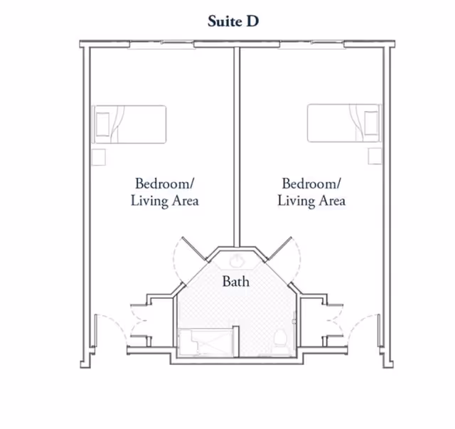Floor plan labeled Suite D showing two adjacent Bedroom/Living Areas separated by a centrally located Bath with two doors leading into it. Each Bedroom/Living Area contains a bed and a small side table.