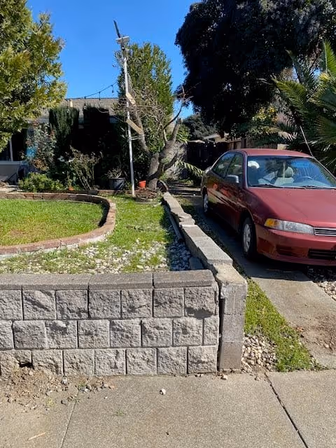 A front yard with a low stone retaining wall, green grass, and various trees and shrubs. A red car is parked on a narrow driveway beside the yard. The sky is clear and blue.