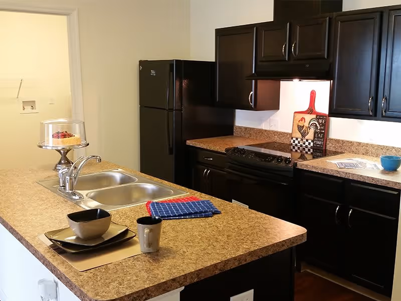 Modern kitchen with dark wood cabinets, a black refrigerator, and a black stove. The countertop is a light brown granite with a double sink and a faucet. On the counter, there is a cake stand with a dessert, a set of dishes, a cup, and two folded kitchen towels. A decorative cutting board with a rooster design is placed near the stove.