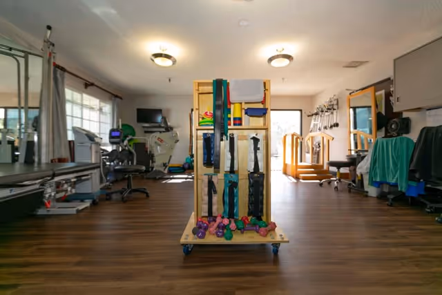 A physical therapy or rehabilitation room with exercise equipment including stationary bikes, weights, resistance bands, and parallel bars. The room has wooden flooring, bright lighting, and large windows allowing natural light.
