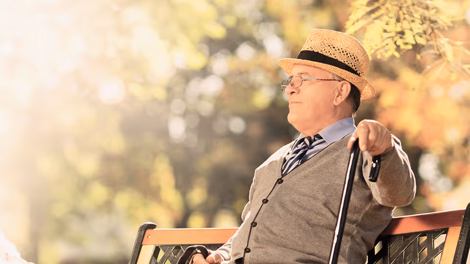An elderly man wearing a straw hat, glasses, a gray cardigan, and a striped tie is sitting on a wooden bench outdoors, holding a cane and looking content with a blurred background of trees and sunlight.