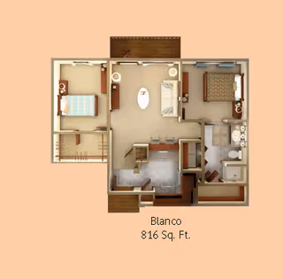3D floor plan of an 816 square feet senior living apartment named Blanco at Lakeview at Josey Ranch Senior Living, showing two bedrooms, a living room, kitchen, bathroom, and closets.