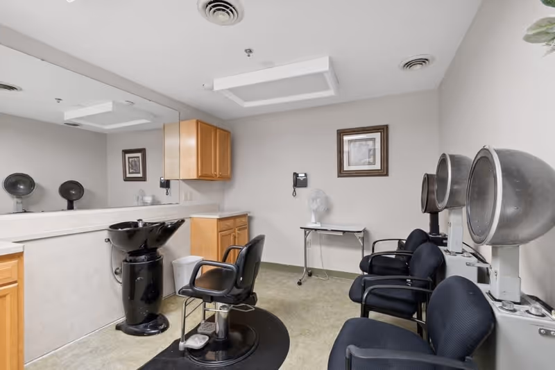 Interior of a salon room with a black hair washing station, a salon chair, three black hair drying chairs with hooded dryers, a small table with a fan and a wall-mounted telephone, light-colored walls, and a large mirror.