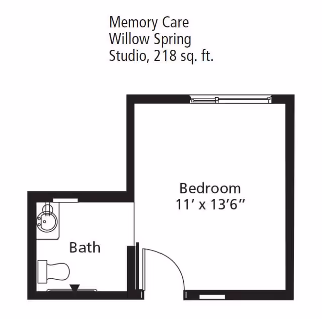 Floor plan of a Memory Care Willow Spring studio apartment measuring 218 square feet, featuring a bedroom area of 11 feet by 13 feet 6 inches and a separate bathroom with a sink and toilet.