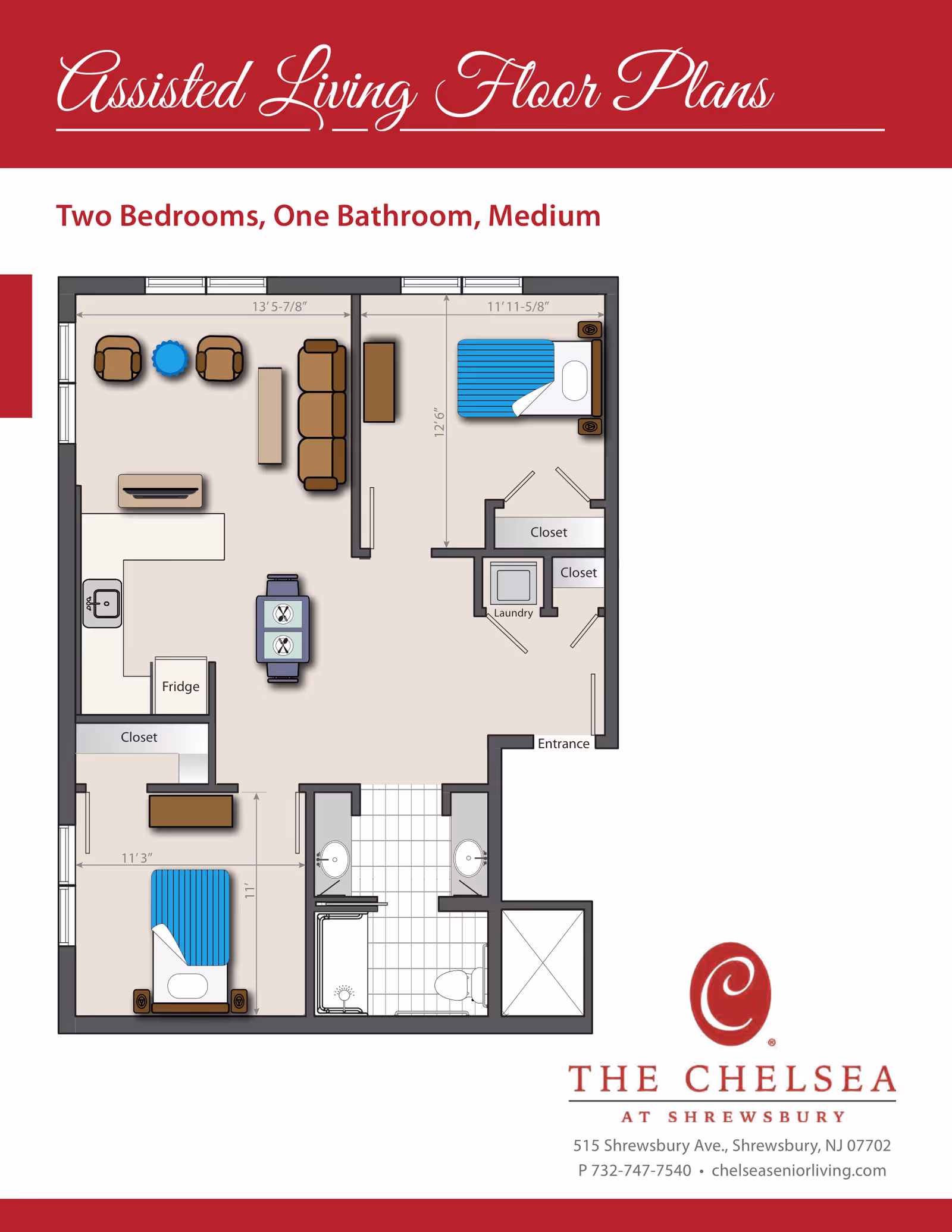 Floor plan of an assisted living unit at The Chelsea at Shrewsbury showing two bedrooms, one bathroom, a living area with seating, a kitchen with fridge and sink, dining table, closets, and a laundry area near the entrance.