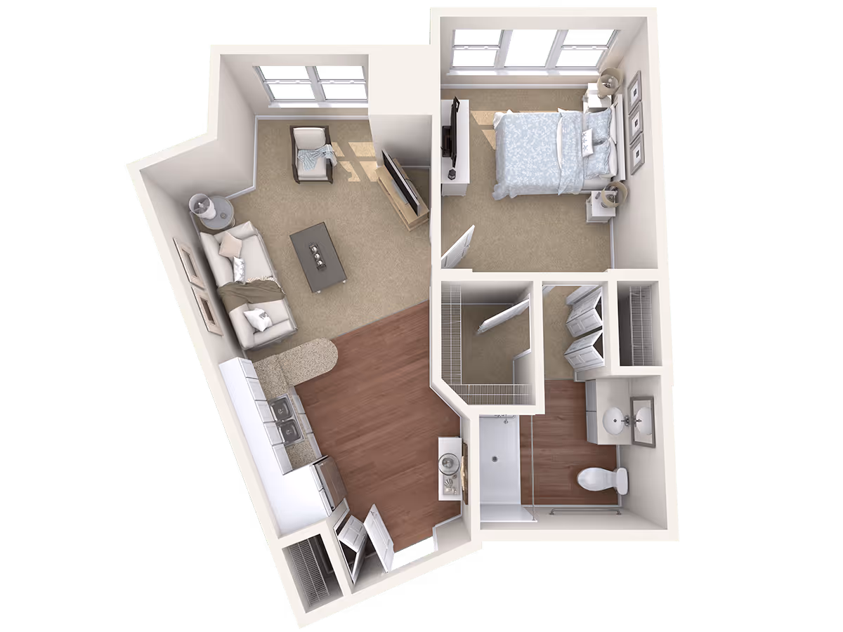 3D floor plan of a one-bedroom apartment featuring a living room with a sofa, armchair, coffee table, and TV, an open kitchen with appliances and countertops, a bedroom with a bed and nightstands, a bathroom with a shower, toilet, and sink, and a walk-in closet.