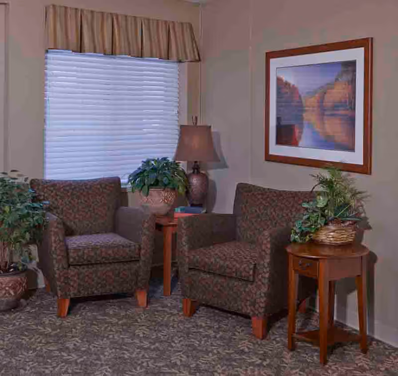 A cozy sitting area with two patterned armchairs, a small wooden side table with a basket of plants, a lamp on a wooden table between the chairs, a window with closed blinds and a beige valance, and a framed landscape painting on the wall.
