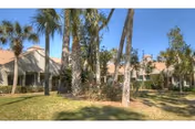 Single-story residential building with a manicured lawn and several palm trees under a clear blue sky.