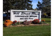 Hill Street Place sign on a grassy lawn with colorful flowers in front.