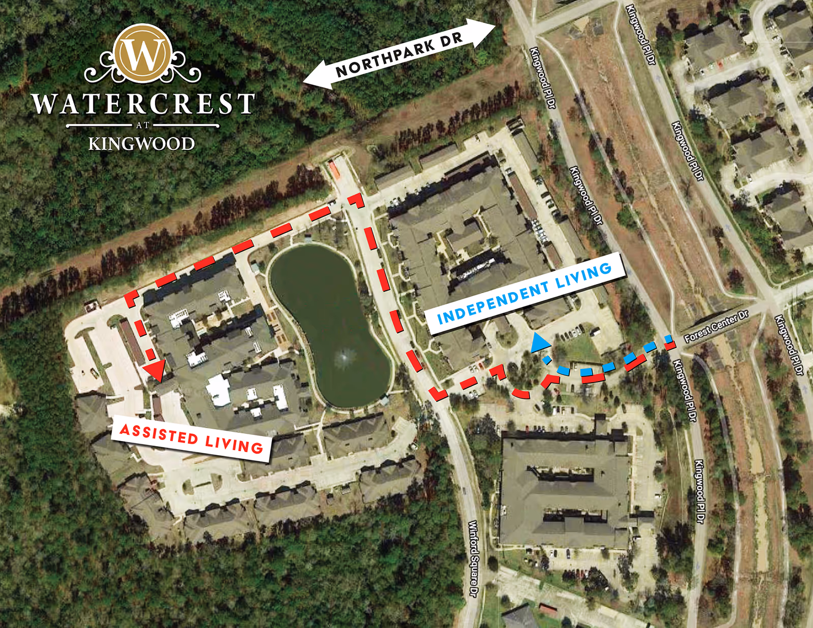 Aerial map view of Watercrest at Kingwood senior living community showing buildings labeled for Assisted Living and Independent Living, with a pond in the center and surrounding roads including Northpark Drive and Kingwood Place Drive.