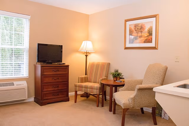 A cozy living area with two upholstered armchairs, a small round wooden table with a plant and books, a floor lamp, a wooden chest of drawers with a flat-screen TV on top, a window with blinds, and a framed landscape painting on the wall.