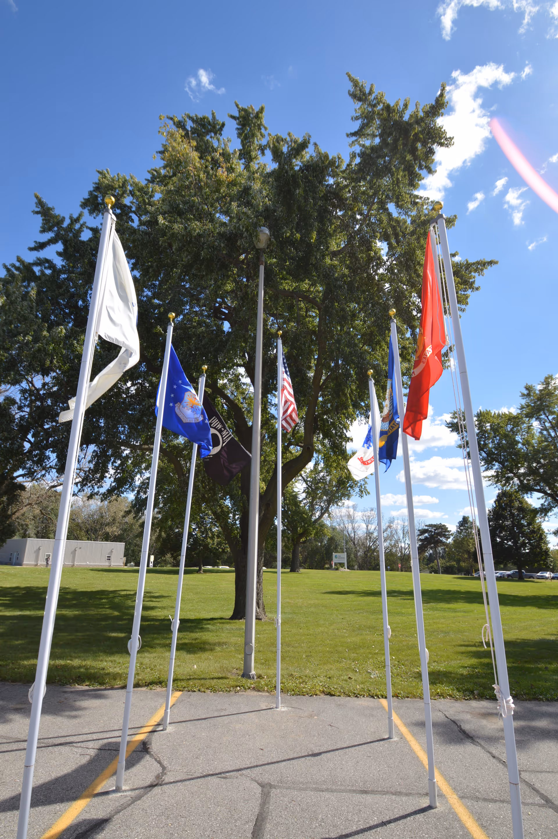 Several flagpoles with various flags, including the American flag and military service flags, arranged in a semi-circle on a paved area with green grass and large trees in the background under a blue sky with some clouds.