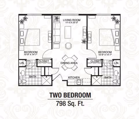 Floor plan of a two-bedroom, two-bath apartment with a central living room, dining area and kitchen labeled 798 Sq. Ft.