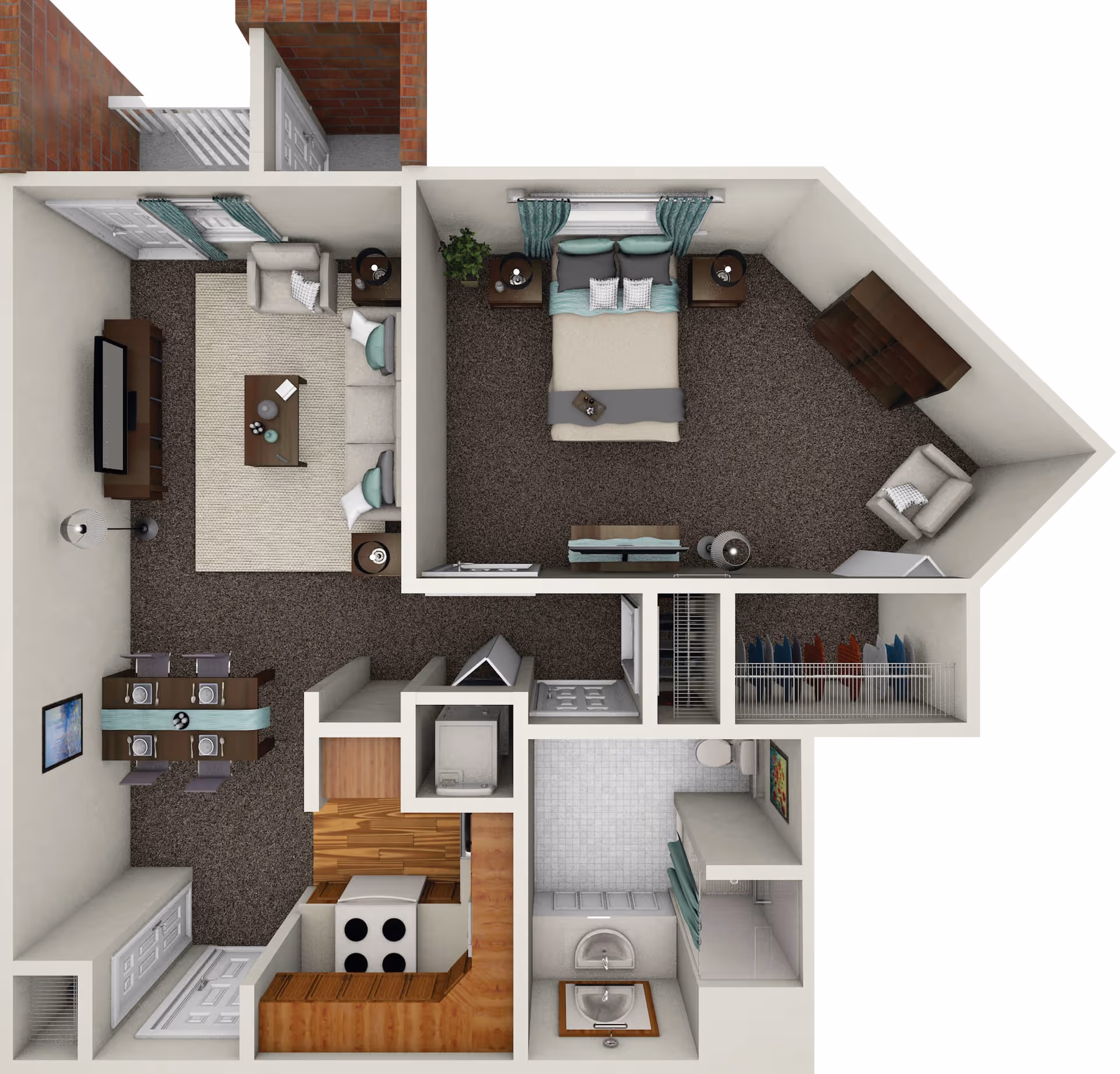 Top-down view of a one-bedroom apartment floor plan showing a living room with sofa, armchair, coffee table, and TV; a dining area with a table set for four; a kitchen with stove and cabinets; a bedroom with a bed, nightstands, armchair, and dresser; a bathroom with sink, toilet, and shower; and a closet with hanging clothes.