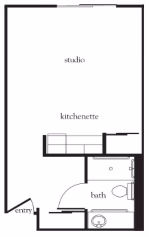 Floor plan of a studio apartment at Atria Walnut Creek showing an entry, kitchenette, studio living area, and a bathroom with a shower, toilet, and sink.
