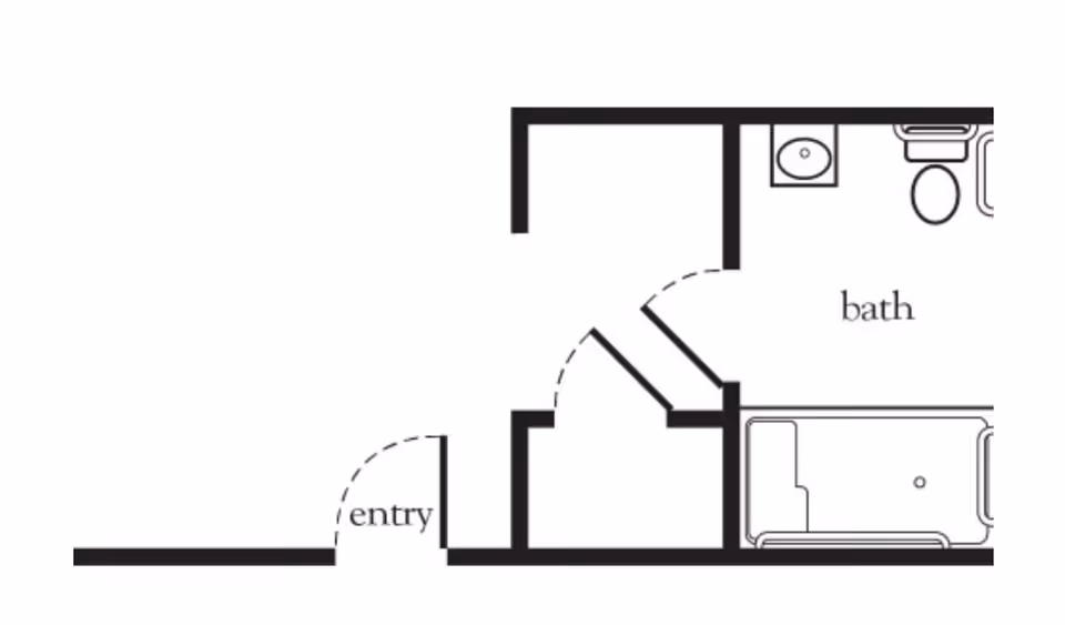 A black and white architectural floor plan showing an entry area leading to a bathroom with a sink, toilet, and bathtub.