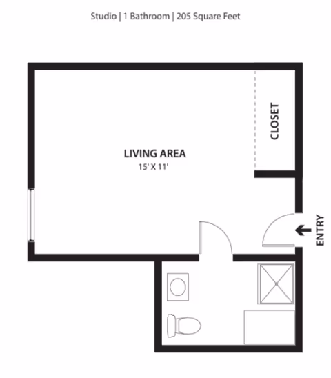 Floor plan of a studio apartment with one bathroom, totaling 205 square feet. The main living area measures 15 feet by 11 feet and includes a closet. The entry door leads into a small hallway with access to the bathroom, which contains a toilet, sink, and shower.
