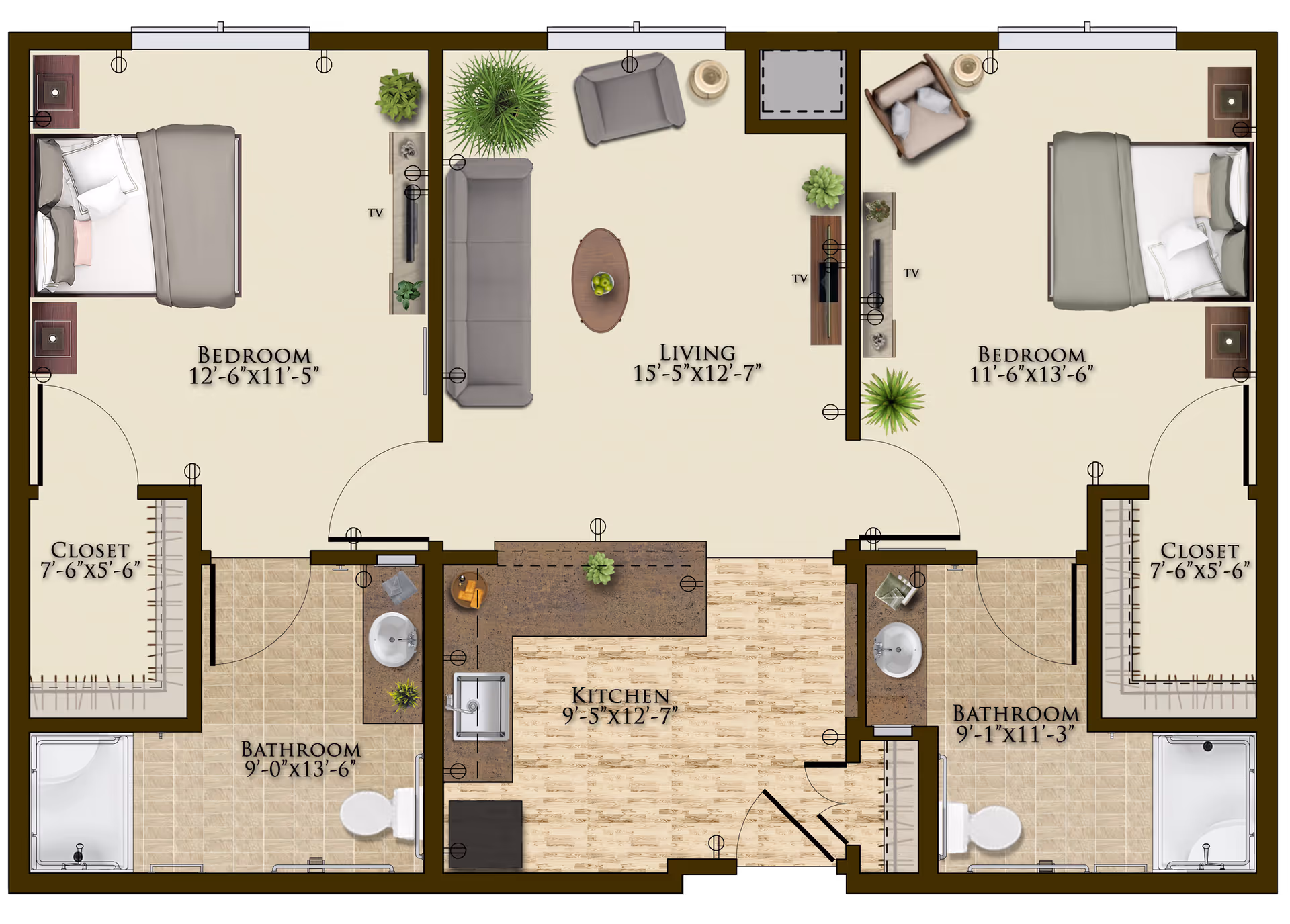 Floor plan of a two-bedroom apartment at Harmony At Mt. Juliet showing two bedrooms each with a closet, two bathrooms, a kitchen with a counter and sink, and a living room with sofa, armchair, coffee table, and TVs.
