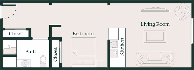 Floor plan layout of a senior living unit at Emerald City at Greenlake Senior Living showing a living room with sofa and chair, a kitchen area, a bedroom with a bed, a bathroom with sink, toilet, and bathtub, and two closets.