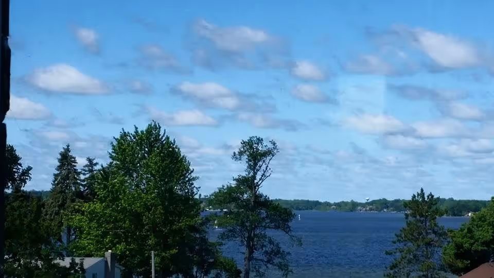 View of a large lake with several trees in the foreground and a partly cloudy blue sky above.