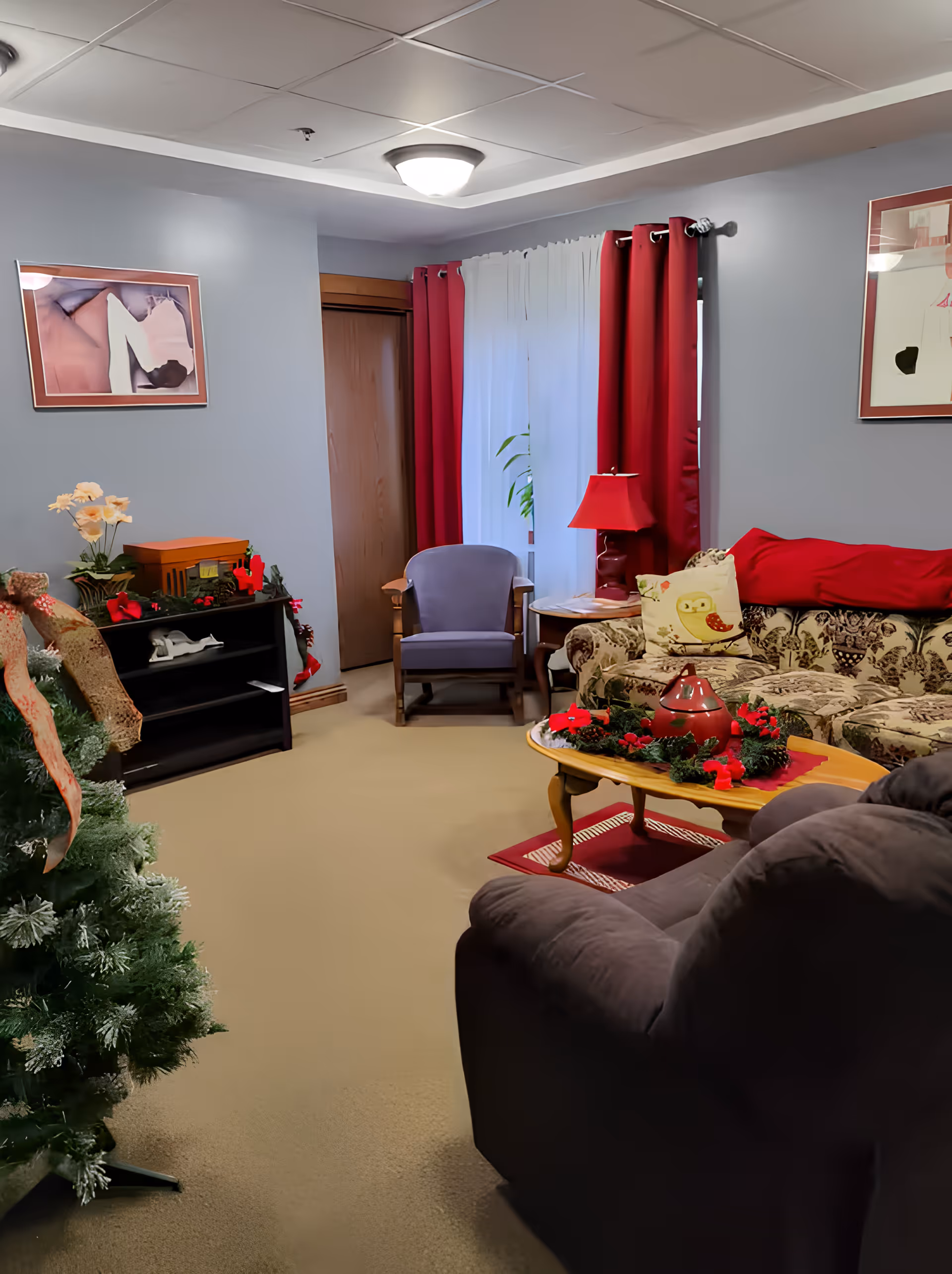A decorated living room with sofas, armchairs, a coffee table and a Christmas tree.