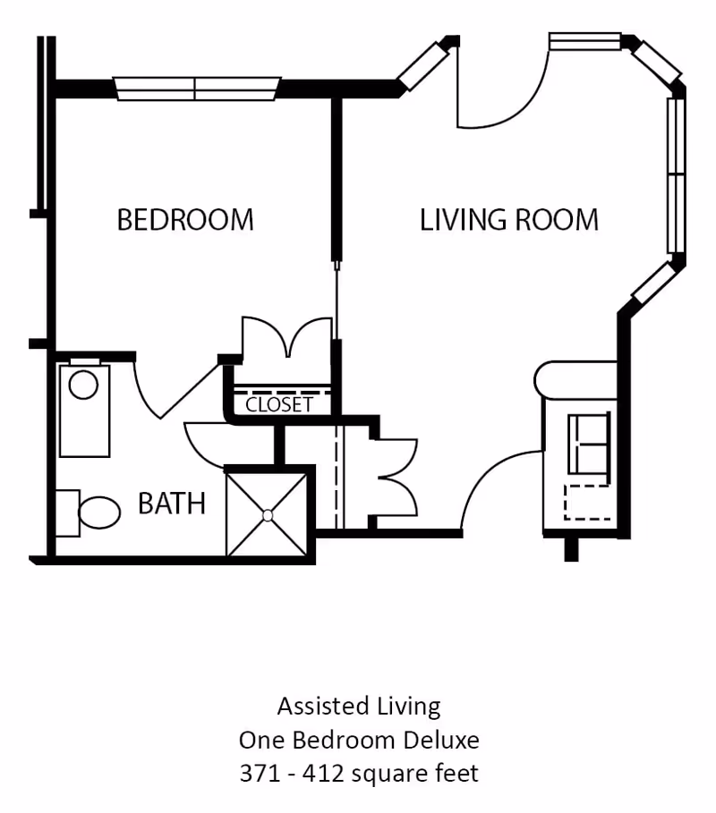 Black-and-white floor plan for a one-bedroom assisted living apartment showing a labeled bedroom, living room, bath, closet, entry, and square footage (371 - 412 square feet).