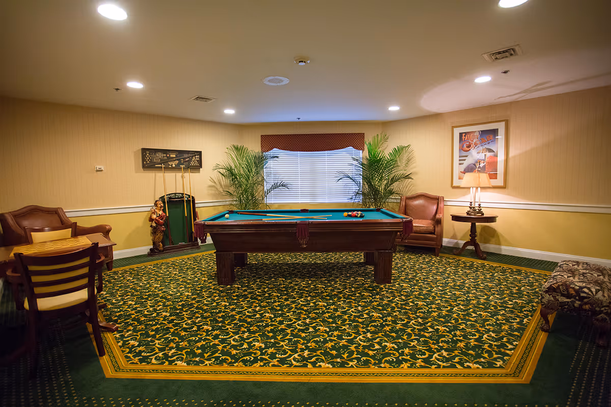 A cozy game room with a pool table in the center, two leather armchairs on either side, a small table with a lamp, a chess/checkers table with chairs, decorative plants near a window with blinds, and framed artwork on the walls. The room has a patterned green and yellow carpet and warm lighting from ceiling fixtures.