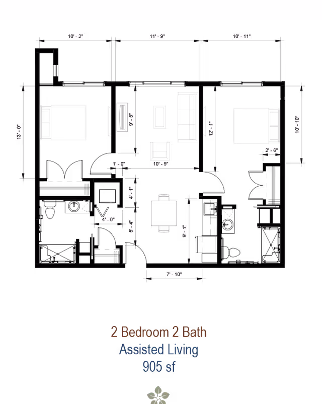 Top-down architectural floor plan showing a 2-bedroom, 2-bath assisted living apartment with furniture layout and measurements.