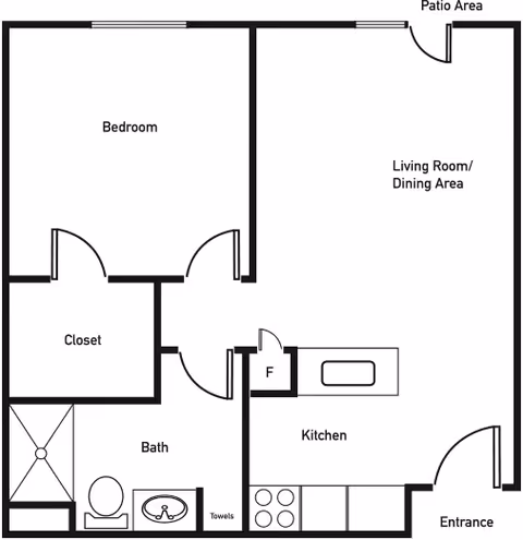 Black and white floor plan of a one-bedroom apartment at Brookstone Estates of Tuscola, showing a bedroom, closet, bathroom with shower, toilet, and sink, kitchen with stove and refrigerator, living room/dining area, entrance, and patio area.
