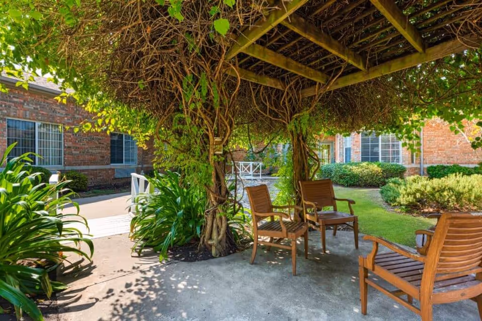 Shaded outdoor courtyard with wooden chairs under a vine-covered pergola beside a brick building.
