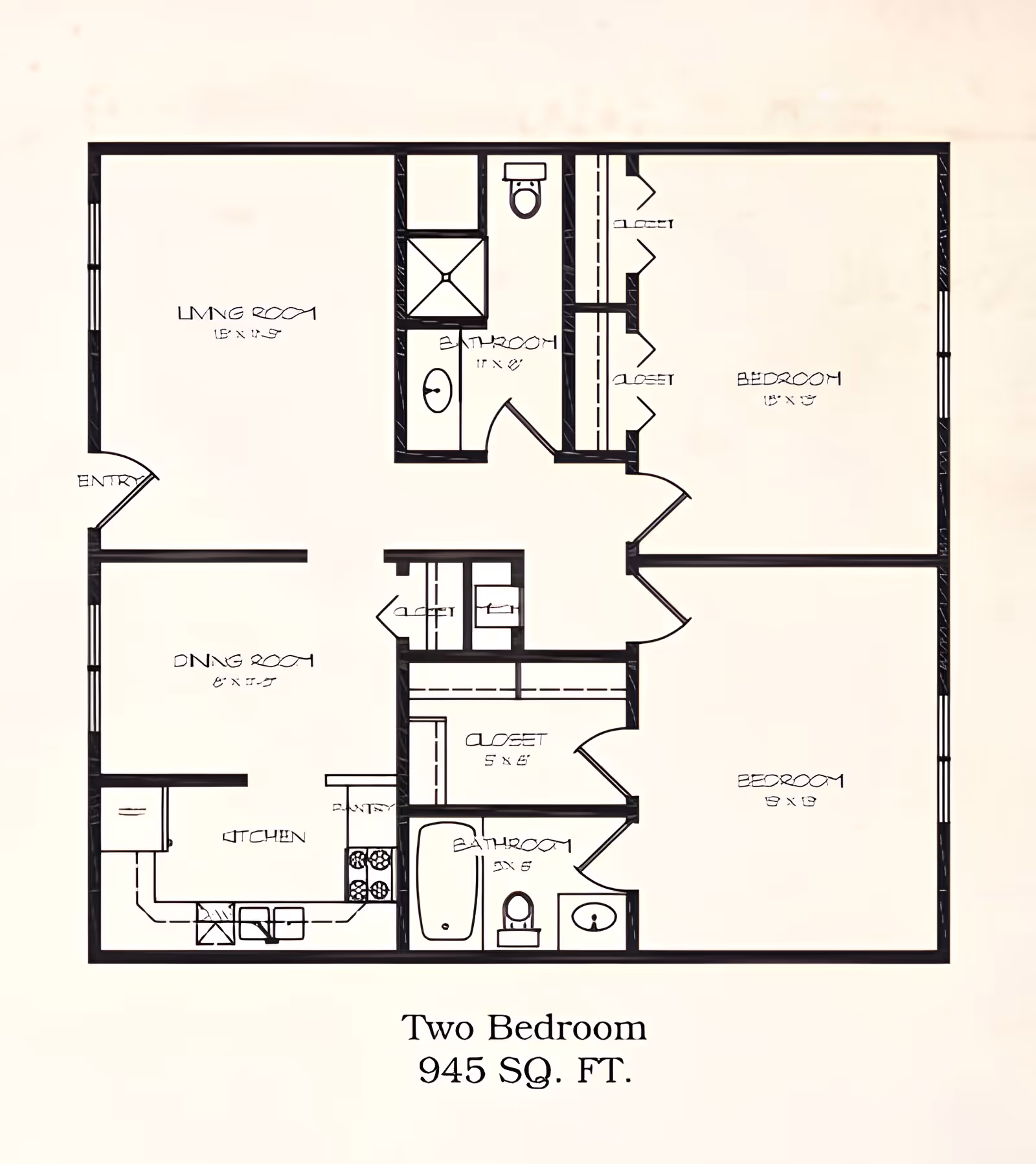 Architectural floor plan of a two-bedroom apartment with 945 square feet, showing layout of living room, dining room, kitchen, two bedrooms, two bathrooms, closets, and entry.