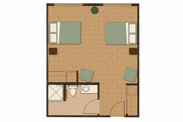 Floor plan of a room with two beds, two chairs, two nightstands, a bathroom with a shower, toilet, and sink, and two closets.