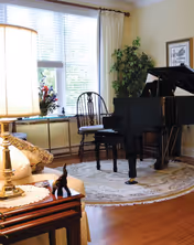 A cozy living room with a black grand piano on a patterned rug, a wooden chair, a side table with a lamp and decorative items, a large window with white curtains, and a potted plant in the corner.