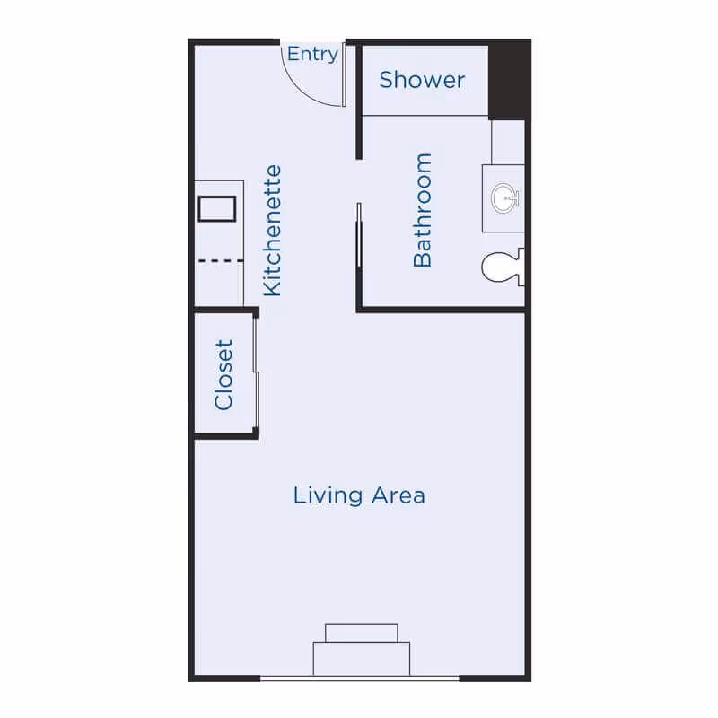 Floor plan of a senior living unit at Carlton Senior Living Davis showing an entry, kitchenette, closet, living area, bathroom, and shower.