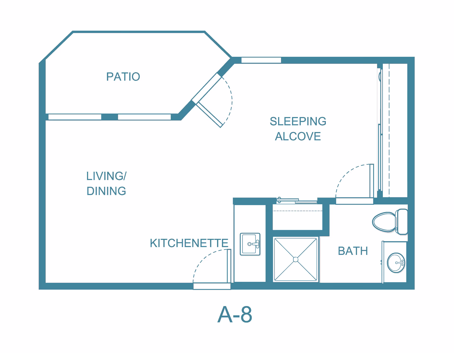 Floor plan layout of a senior living unit labeled A-8 at Solista Everett, showing a patio, living/dining area, kitchenette, sleeping alcove, and a bathroom with a shower, toilet, and sink.