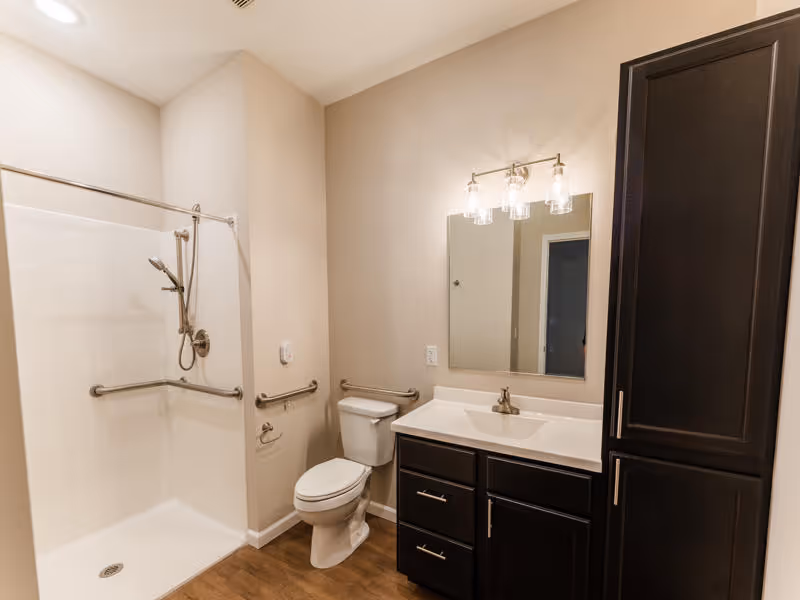 Bright accessible bathroom with a walk-in shower, toilet, single-sink vanity, and dark cabinetry.