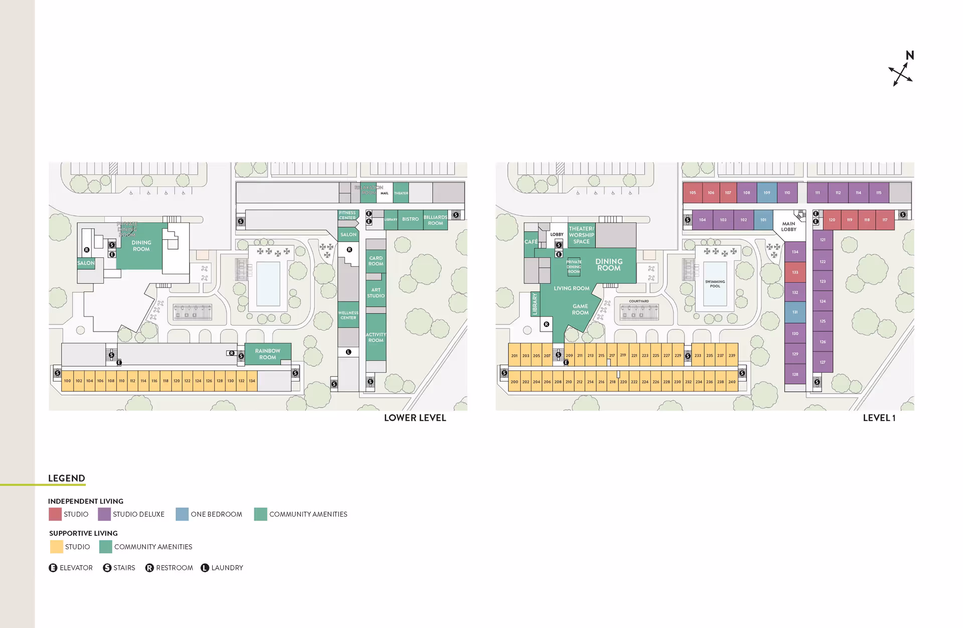 Floor plan of The Village at South Setauket senior living community showing two levels with labeled rooms including dining rooms, living room, game room, theater/worship space, salon, fitness center, art studio, wellness center, and various apartment units color-coded by type such as independent living studios, studio deluxe, one bedroom, supportive living studios, and community amenities. Elevators, stairs, restrooms, and laundry areas are also marked.