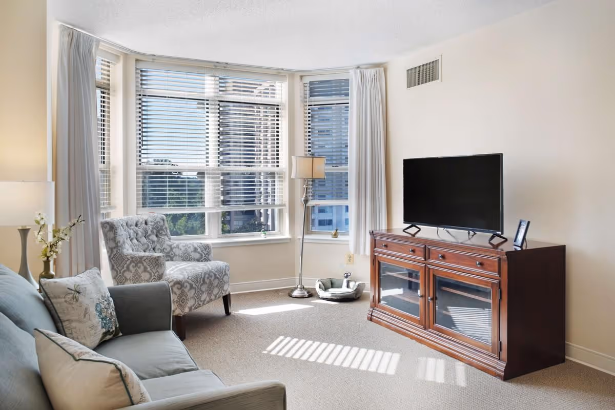 A bright living room with a large window featuring white blinds and curtains. The room has a gray sofa with decorative pillows, a patterned armchair, a floor lamp, and a wooden TV stand with a flat-screen television on top. Sunlight streams through the window, casting shadows on the carpeted floor.