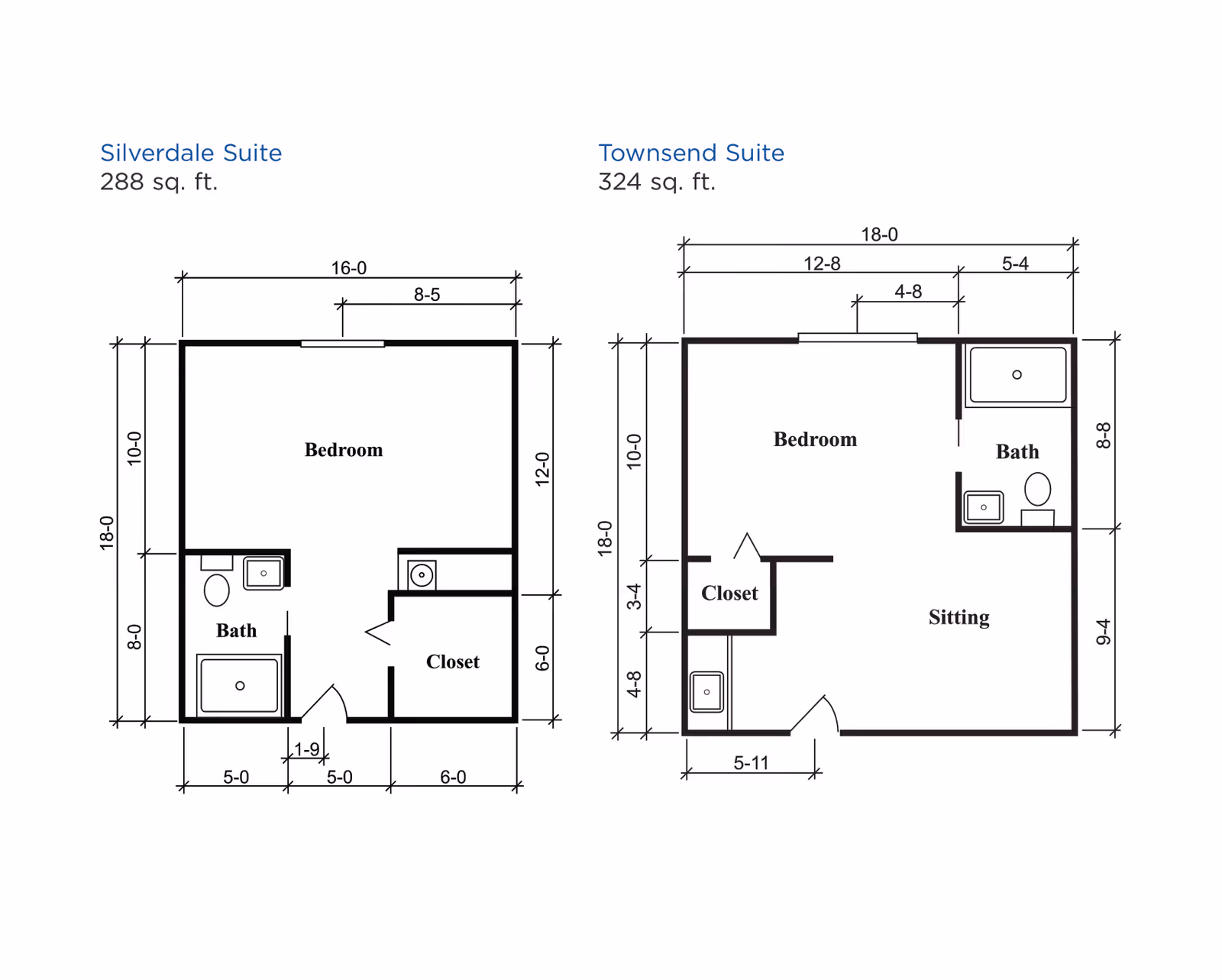 Architectural floor plans for two suites at Brookdale DeLand: Silverdale Suite with 288 sq. ft. featuring a bedroom, bath, and closet; Townsend Suite with 324 sq. ft. featuring a bedroom, bath, sitting area, and closet. Dimensions are marked for each room and overall layout.