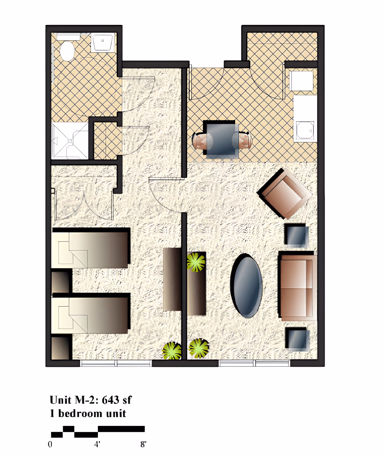 Floor plan of a one-bedroom unit labeled Unit M-2 with 643 square feet. The layout includes a bedroom with two beds, a living room with a sofa, armchair, coffee table, and side tables, a kitchen with appliances and a small dining table with two chairs, and a bathroom with a toilet, sink, and shower. The flooring is shown with different textures for carpeted and tiled areas, and there are some decorative plants in the living room.