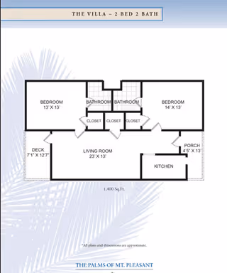 Floor plan of The Villa at The Palms of Mt. Pleasant showing a 2 bedroom, 2 bathroom layout with a living room, kitchen, deck, and porch. The bedrooms measure 13 by 13 feet and 14 by 13 feet respectively. The living room is 23 by 13 feet. The deck is 7 feet 1 inch by 12 feet 7 inches, and the porch is 4 feet 5 inches by 13 feet. There are closets adjacent to the bathrooms and bedrooms. The total area is 1,400 square feet.