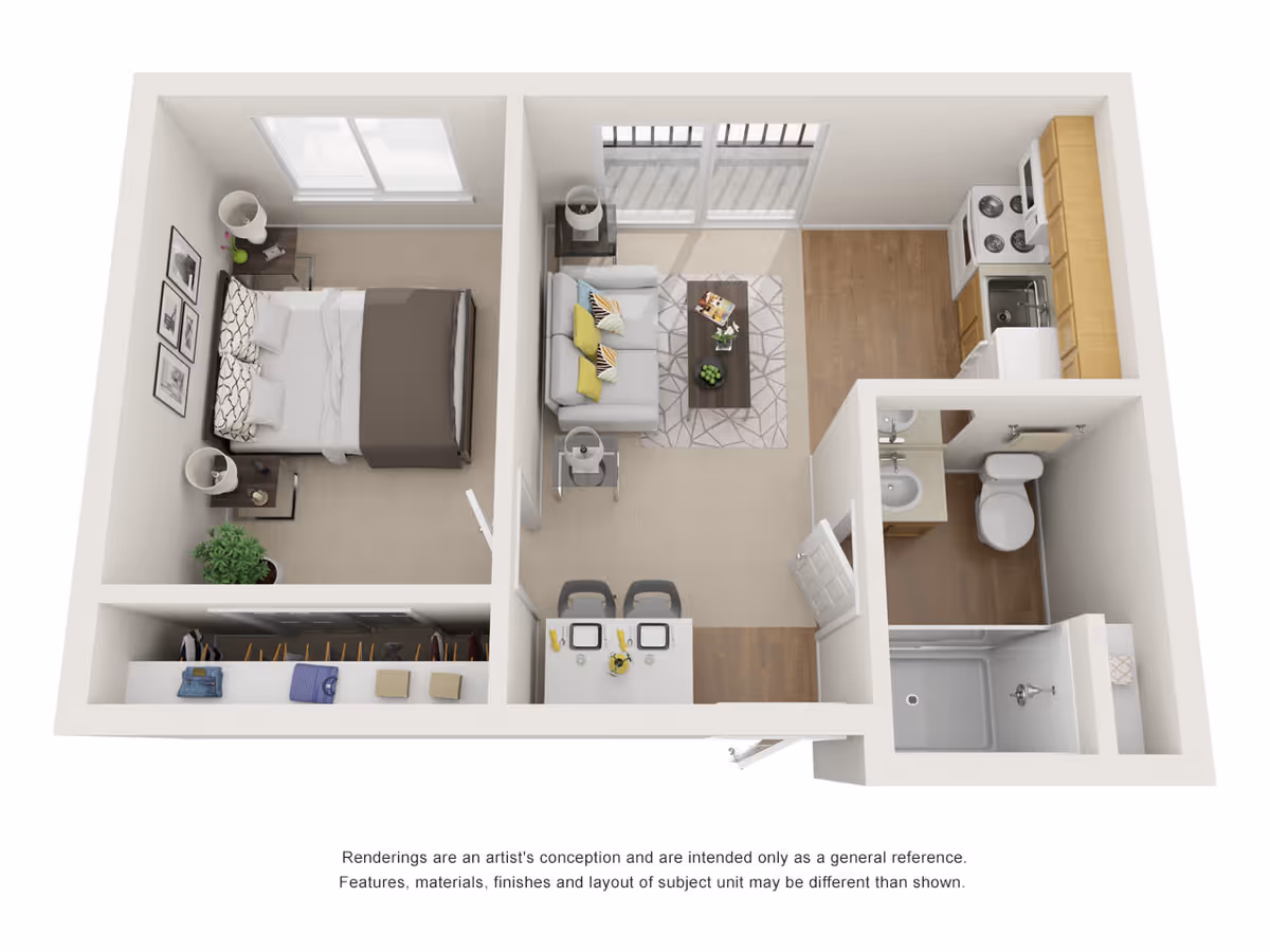 3D floor plan of a small apartment unit showing a bedroom with a bed, nightstands, and a closet; a living room with a sofa, coffee table, and side tables; a kitchen with appliances and cabinets; and a bathroom with a shower, toilet, and sink.