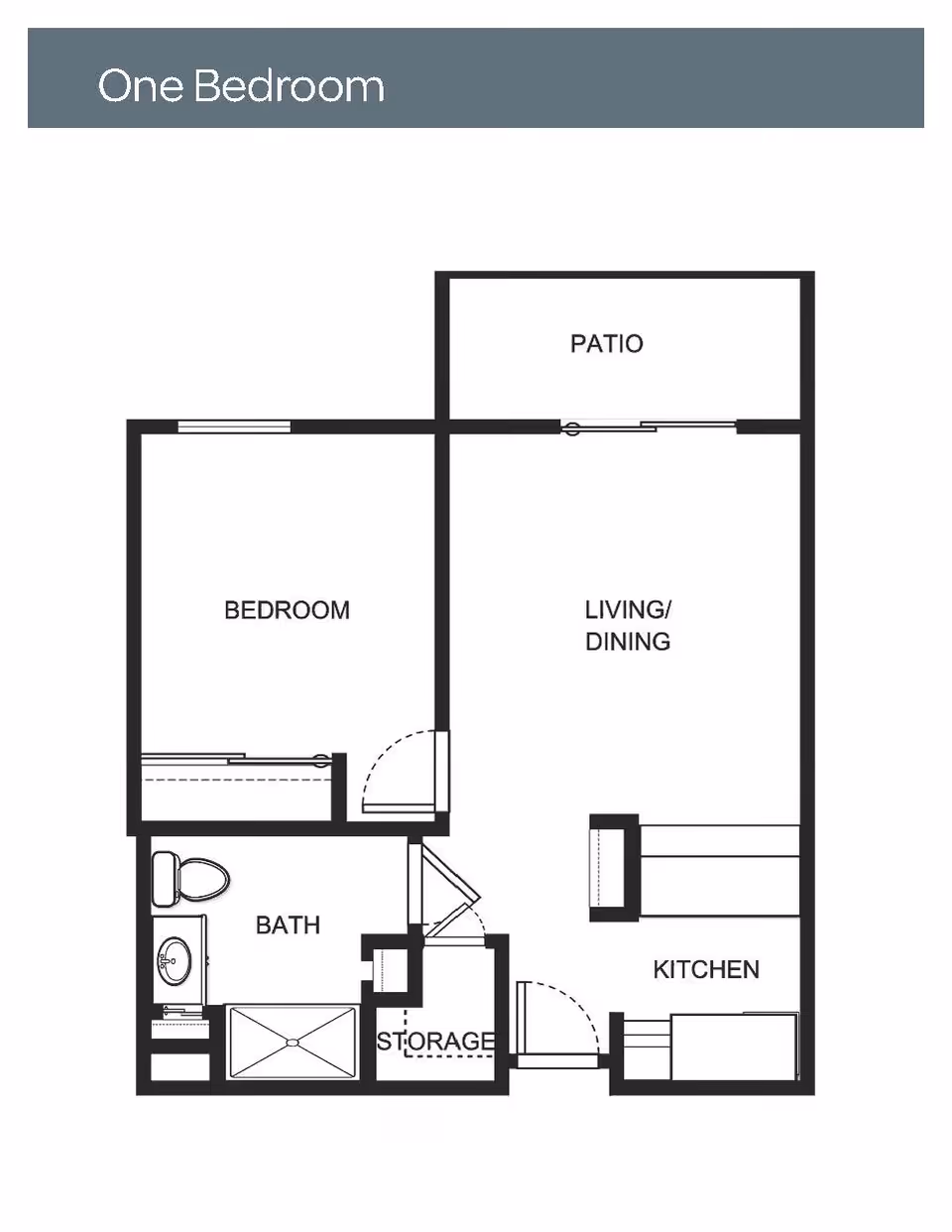Floor plan of a one-bedroom apartment showing a bedroom, bathroom, storage area, kitchen, living/dining area, and a patio.