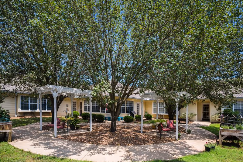 Outdoor courtyard area at American House Murfreesboro featuring a large tree in the center surrounded by a circular walkway, white pergolas, outdoor seating with red cushions, and a yellow building with multiple windows in the background under a clear blue sky.