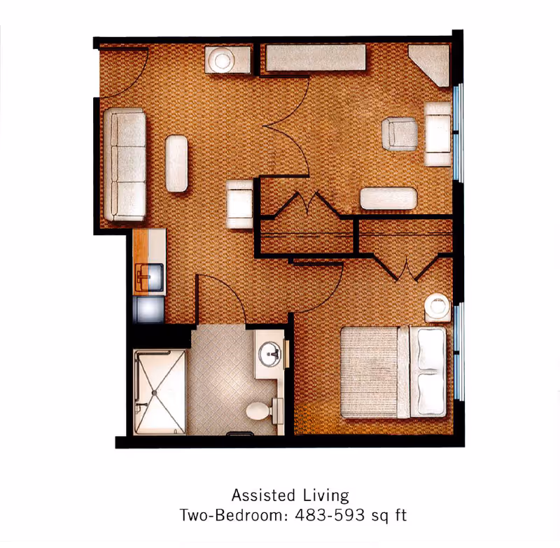 Floor plan of a two-bedroom assisted living apartment showing a living room with sofa and chairs, a kitchen area with sink, a bathroom with shower, toilet, and sink, and two bedrooms with beds and nightstands.