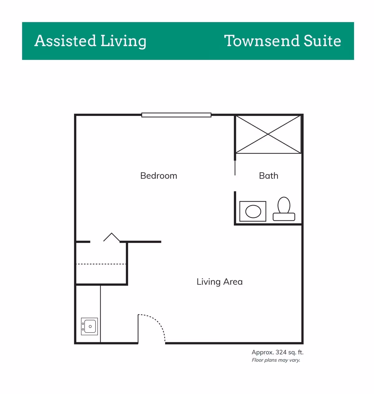 Floor plan layout of the Townsend Suite at Vista Lake Assisted Living and Memory Care, showing a bedroom, bath, and living area with approximate size of 324 square feet.