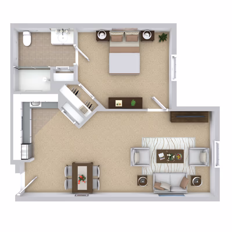 Top-down floor plan of a one-bedroom apartment showing a bedroom, bathroom, kitchen, dining area, and living room.