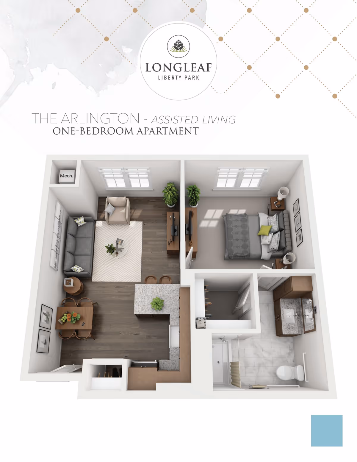 3D floor plan of The Arlington, a one-bedroom assisted living apartment at Longleaf Liberty Park, showing a living room with sofa, armchair, coffee table, and TV, a dining area with table and chairs, a kitchen with an island, a bedroom with a bed and nightstands, and a bathroom with a shower, toilet, and sink.